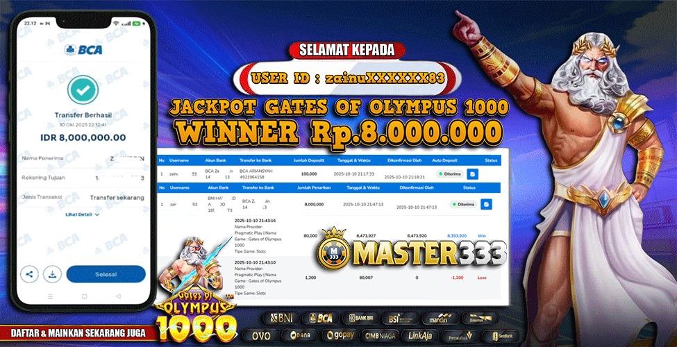 MASTER333 JACKPOT SLOT GatesOfOlympus 1000  Rp.8,000,000.,- LUNAS